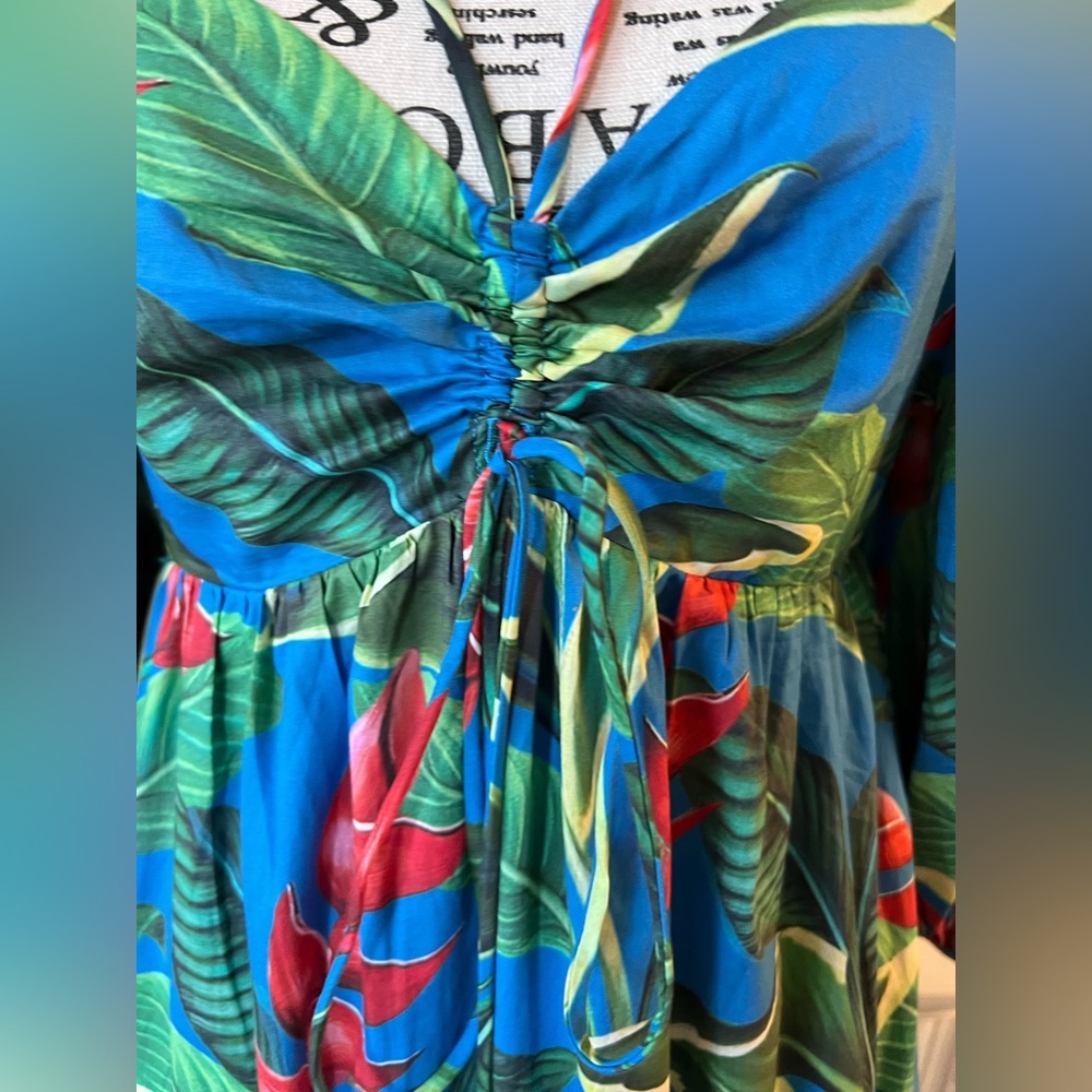 FARM Rio Blue and Green Tropical Print Balloon Sleeves Maxi Dress S - Picture 5 of 16